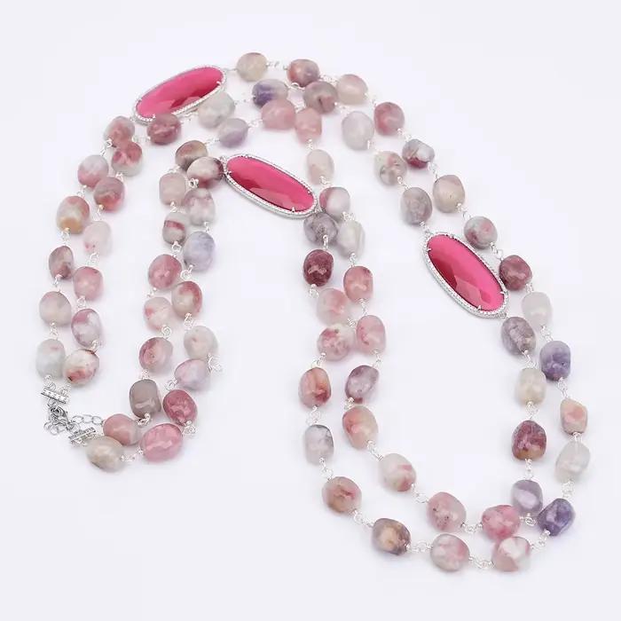 Collier de couches en tourmaline rose naturelle avec connecteur œil de chat rouge rosé pour femmes occasions spéciales