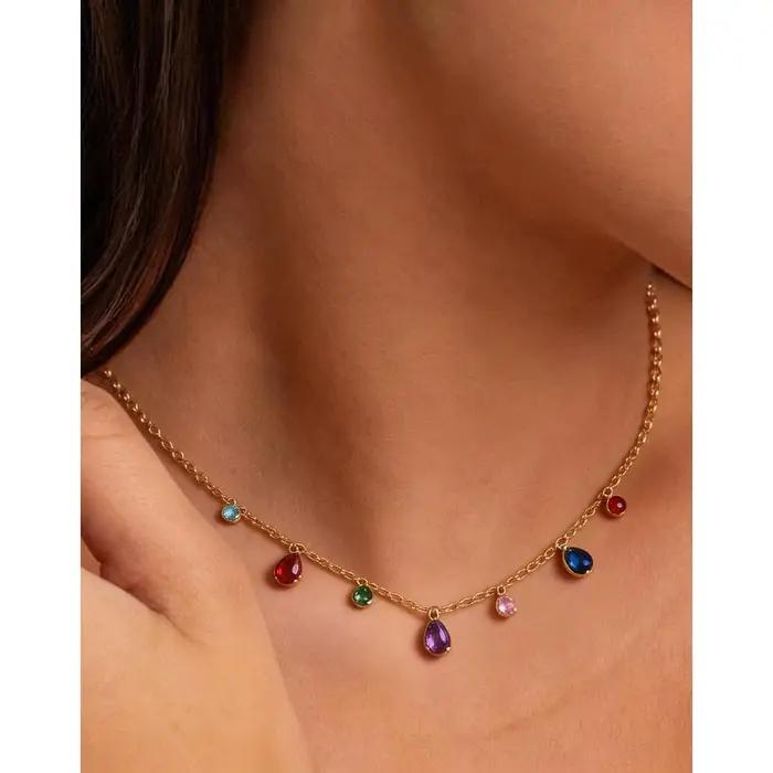 YACHAN Collier en acier inoxydable avec pendentif en cristal de zircon coloré pour femmes, chic, luxueux, vintage, bijou plaqué or 18 carats