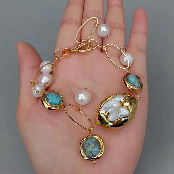 Bracelet en perle de culture d'eau douce verre de Murano bleu nacre de coquille pour femmes élégantes occasions spéciales