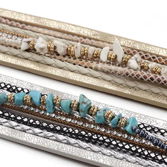 Amorcome Boho pierre naturelle Bracelets en cuir pour femme Vintage tressé corde large multicouche Wrap Bracelet hommes bijoux
