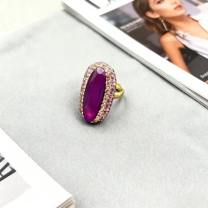 Ensemble de bijoux vintage en jade malais violet plaqué or pour femmes, coquille, strass, collier, boucles d'oreilles, bague, mariage, fête, cadeau anniversaire