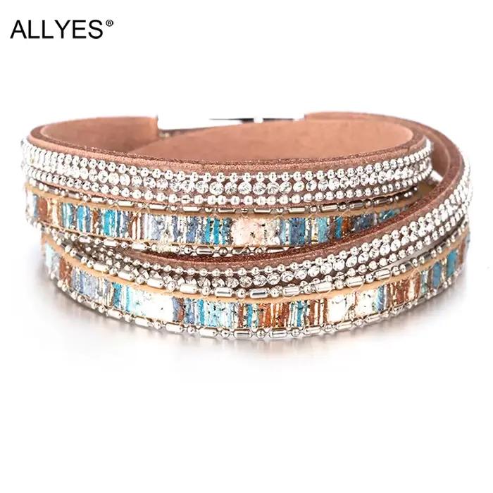 ALLYES femmes Bracelet en cuir tchèque cristal Vintage Boho plusieurs couches bohème Double Wrap