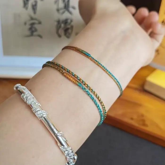 Bracelet porte-bonheur en corde bleue et verte, fait à la main, peut porter une perle, bricolage, cadeau pour amoureux des femmes et des hommes, Bracelet d'amitié à Double boucle