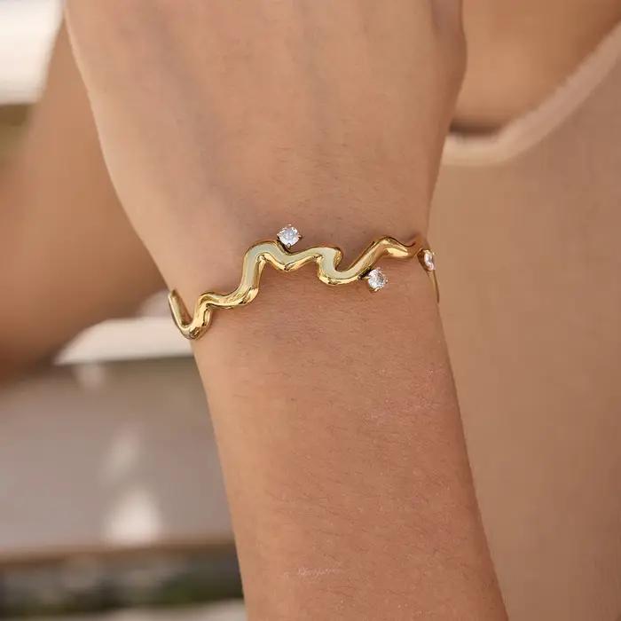 Uworld – Bracelet manchette rond en forme de vague en zircon pour femmes
