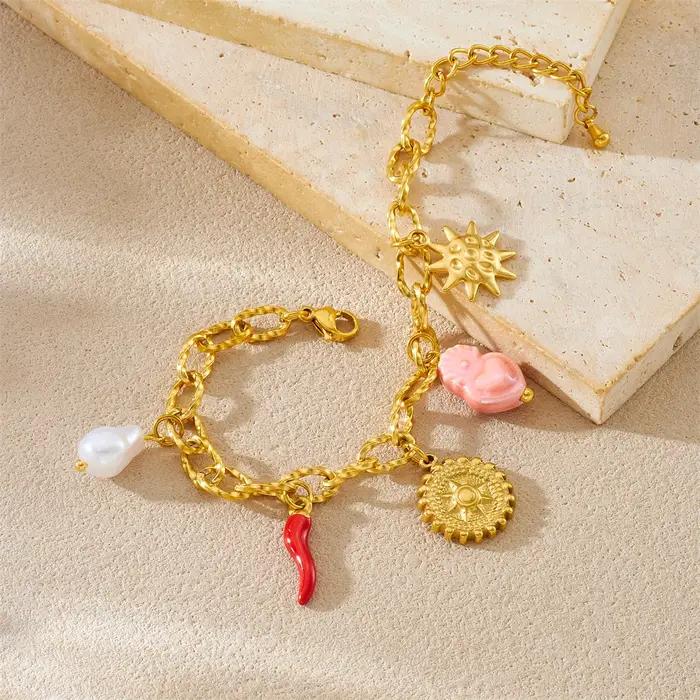 DIEYURO 316L acier inoxydable doré rond soleil corail céramique coeur perle pendentif Bracelet dame nouveau classique poignet chaîne bijoux