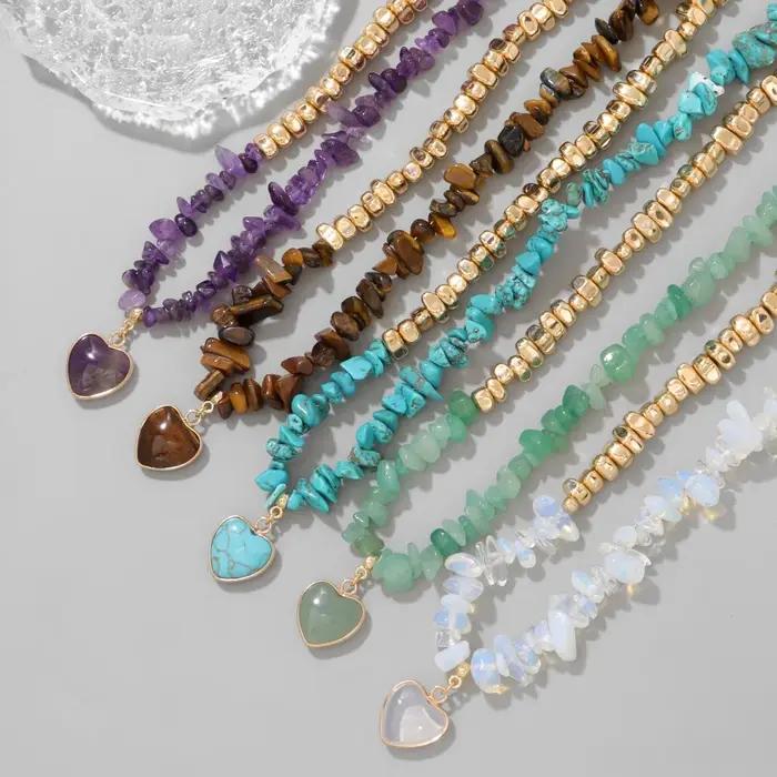 Hématite gravier pierre naturelle puces perles Neclace mode coeur forme pendentif collier bijoux pour les femmes