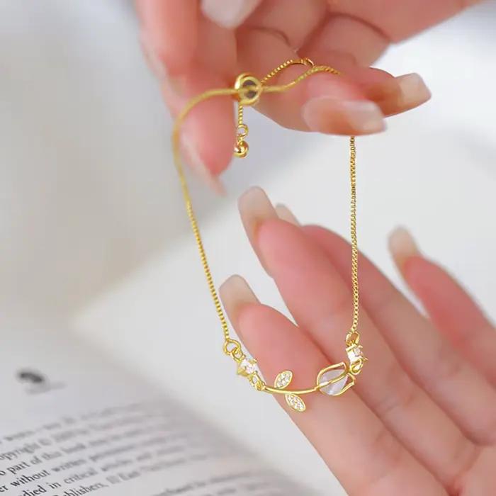 Bracelet en forme de tulipe pour femmes, exquis, en Zircon brillant, opale, Rose, breloque réglable,