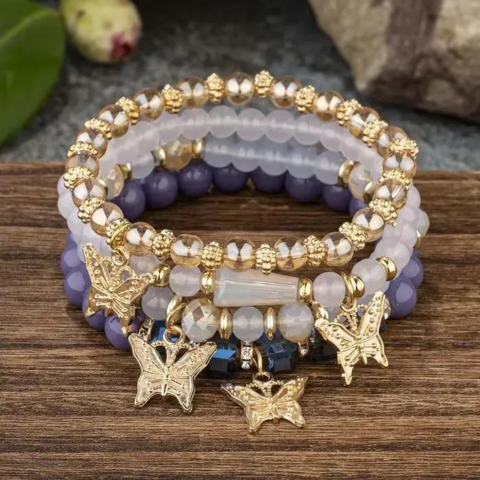 Ensemble de bracelets en perles papillon pour femmes, 4 pièces, tendance, perles acryliques roses, c