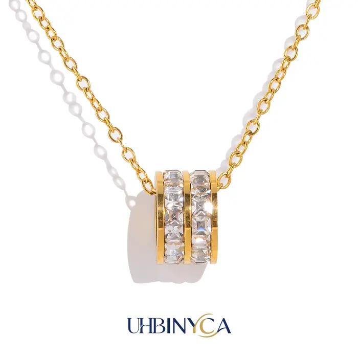 Collier pendentif double rangée CZ en acier inoxydable plaqué or 18 carats