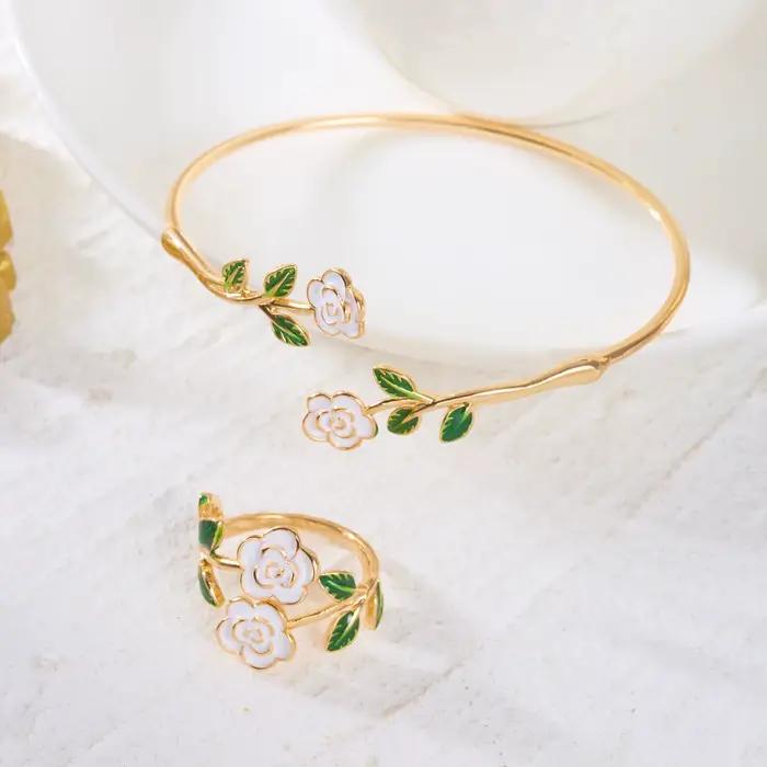Ensemble bracelet et bague fleur de camélia vintage pour femme, couleur or, manchette ouverte réglable, bijoux de fête et de mariage