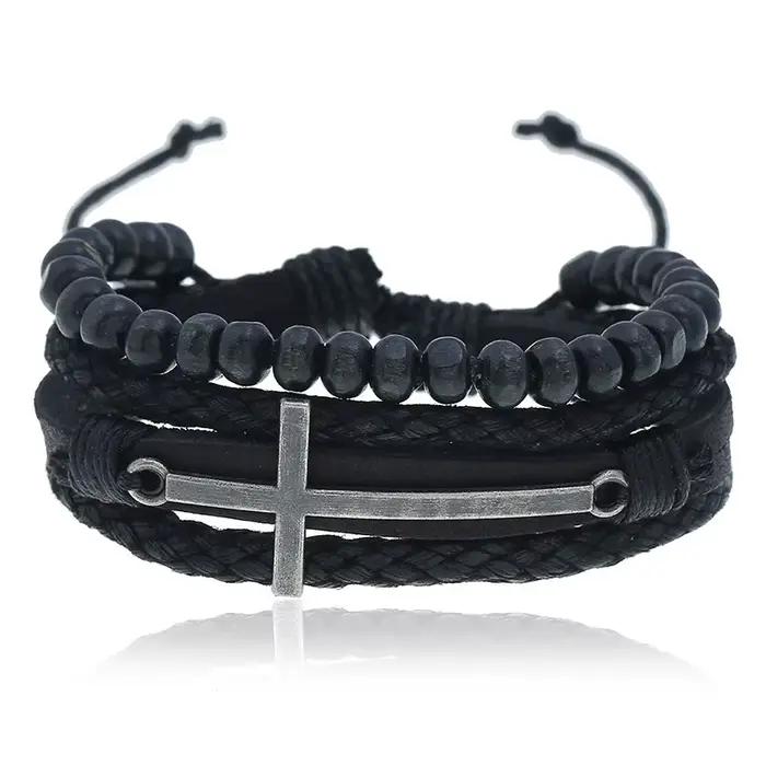 Bracelet rétro à couche croisée pour hommes, Punk noir, cuir de vache tissé à la main, perles réglab