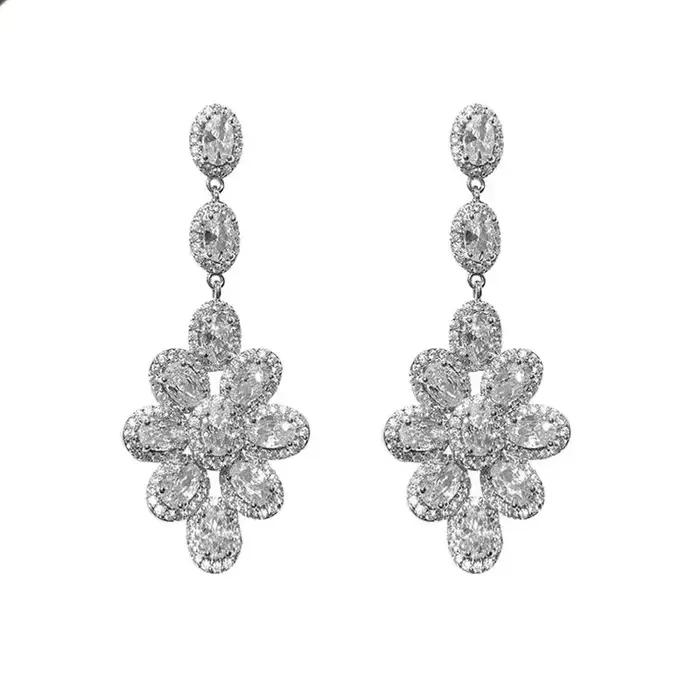 Breloque fleur diamant boucle d'oreille 925 en argent sterling boucles d'oreilles de mariage pour les femmes promesse de mariée bijoux de fête de fiançailles