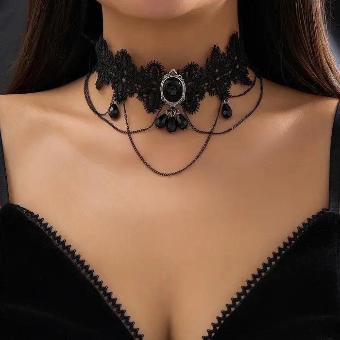 Lacteo gothique noir dentelle corde chaîne collier perles de cristal géométrique charme Sautoirs