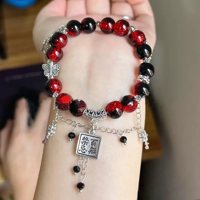 Bracelet perlé rouge de style chinois pour femme