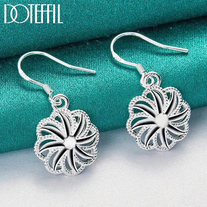 DOTEFFIL 925 Rond En Argent Sterling Fleur Goutte Boucle D'oreille Pour Femme Dame Fête De Fiançailles De Mariage Bijoux De Mode