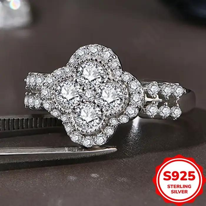 Bague en or blanc 18 carats plaqué or avec diamant, bijoux fins à quatre feuilles pour femmes, argen