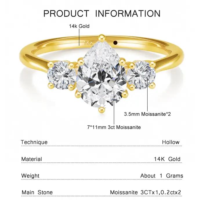 Bague en or 14 carats sertie de moissonite brillante pour femmes occasions spéciales mariage fiançailles anniversaires fêtes de fin d'année