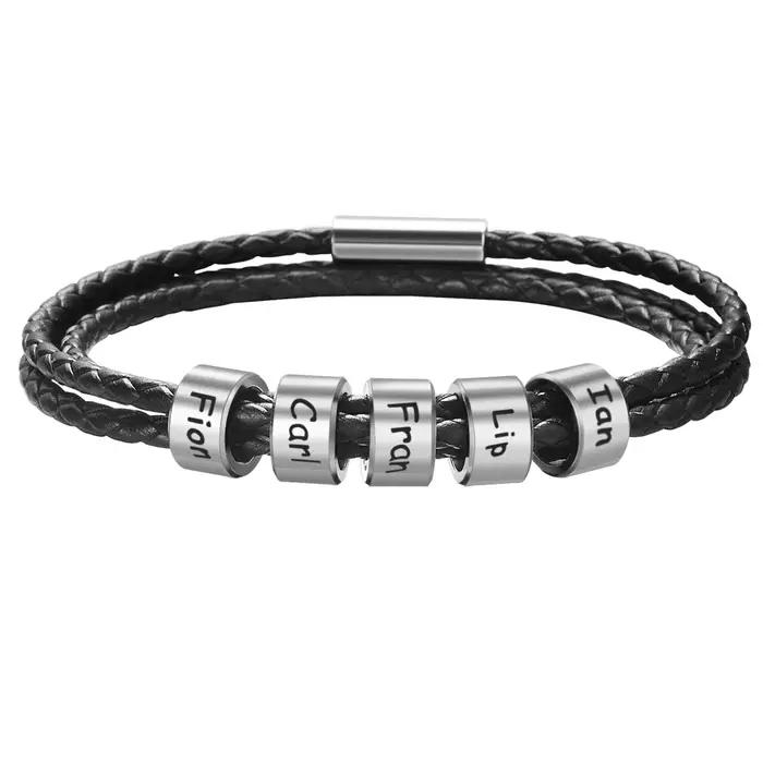 Bracelet personnalisé avec noms de famille pour hommes, Bracelets en cuir tressé, perles en acier in