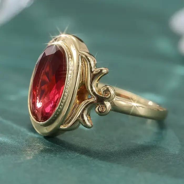 Bague vintage magnifique incrustée de rubis synthétiques ovales plaquée or pour femme