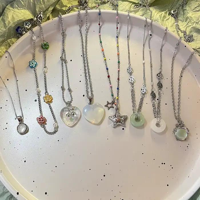 Printemps fleurs colorées amour pendentif collier en acier inoxydable chaîne de perles collier cadeau bijoux nouvelle mode cadeau de mariage