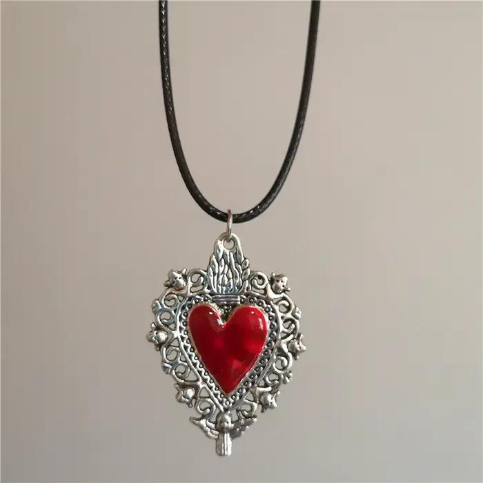 Collier ras du cou en cuir avec pendentif cœur gothique rouge et noir, style Harajuku, pour femmes e