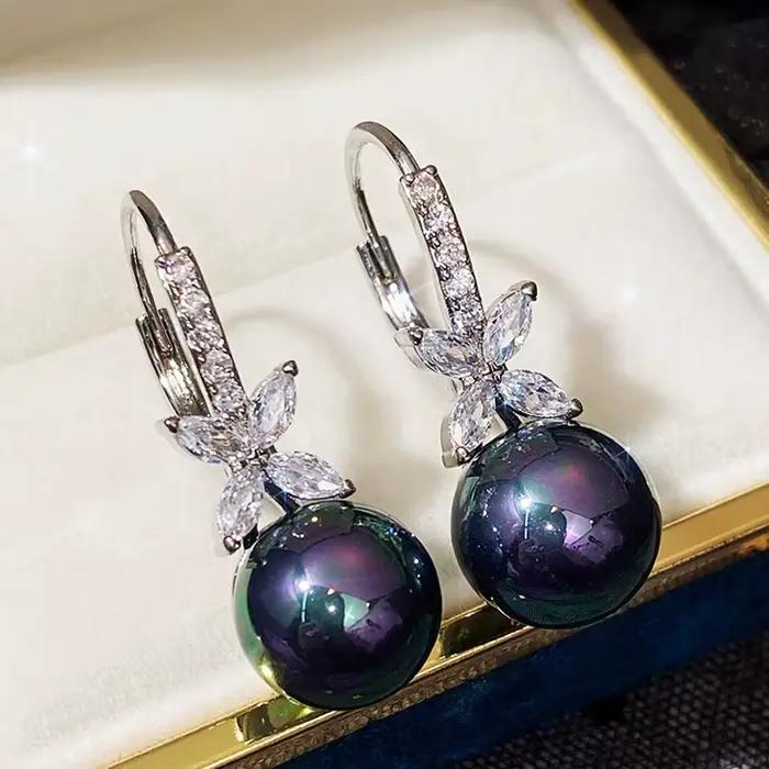 Boucles d'oreilles de luxe en perles noires/violetes pour femmes, en argent Sterling 925 massif, Cube en zircone cubique, crochet d'oreille, bijoux de mariage