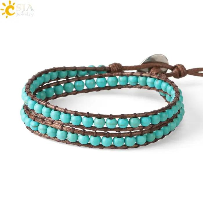 CSJA Turquoise Homme Bracelet bohème tressé à la main Bracelet indien Agate cristal perlé Double cou