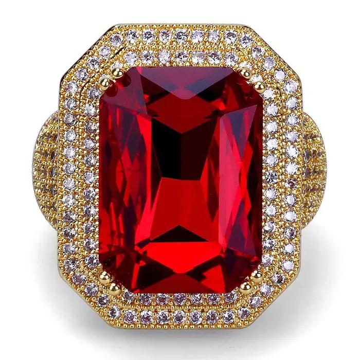 Bague Hip Hop de luxe haut de gamme plaquée or, sertie de micro-pavés de pierres CZ et de strass rou