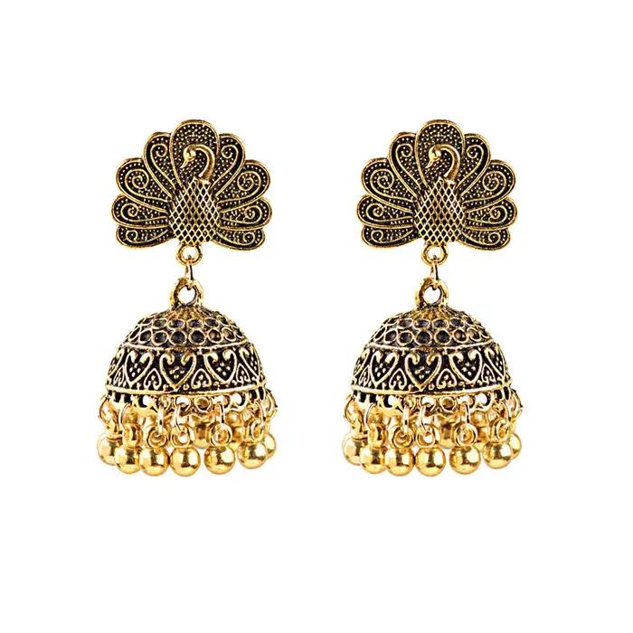 Boucles d'oreilles ethniques sculptées couleur or Jhumka Jhumki, style Boho, cloche de fleur ronde,