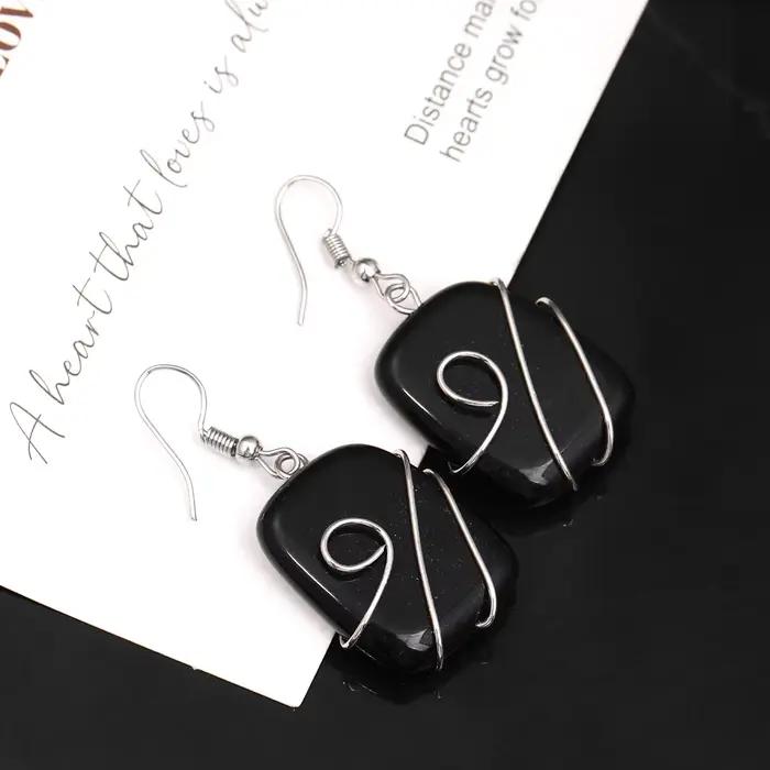 Boucles d'oreilles en pierres précieuses carrées en soie avec jade naturel améthyste cristal blanc obsidienne pour femmes occasions spéciales