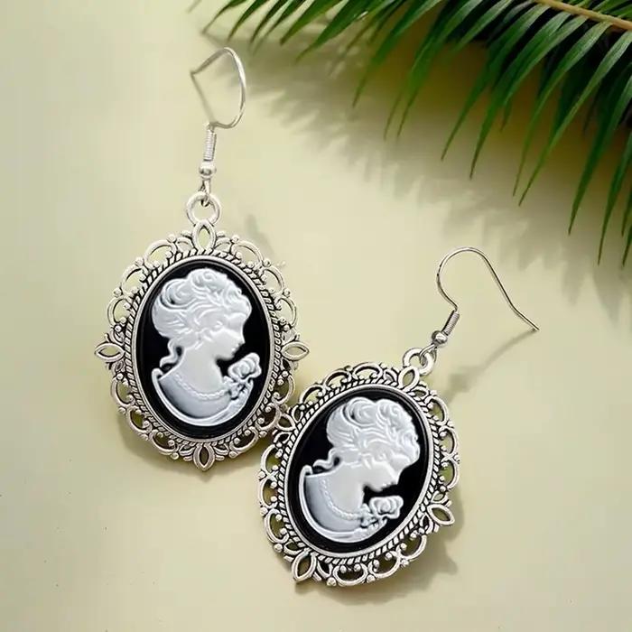 Vintage ovale femme camée boucles d'oreilles européen classique argent plaqué boucles d'oreilles pour femmes bijoux accessoires cadeaux