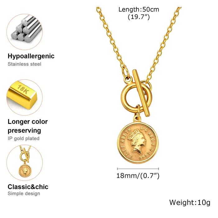 Collier Médaillon Reine Elizabeth en Acier Inoxydable Plaqué Or Jaune 14 Carats Hypoallergénique Pour Femmes Occasions Spéciales