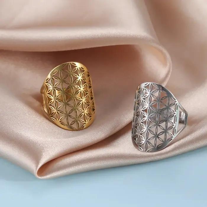 Bague Sacrée Fleur de Vie acier inoxydable plaqué or or rose pour femmes occasions spéciales mariage anniversaire engagement