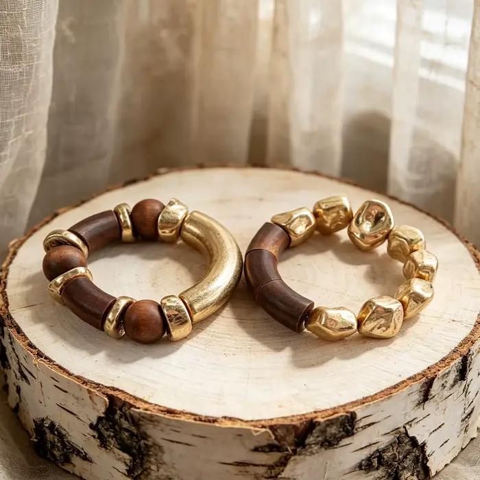Ensemble de bracelets bohèmes en bois et perles dorées