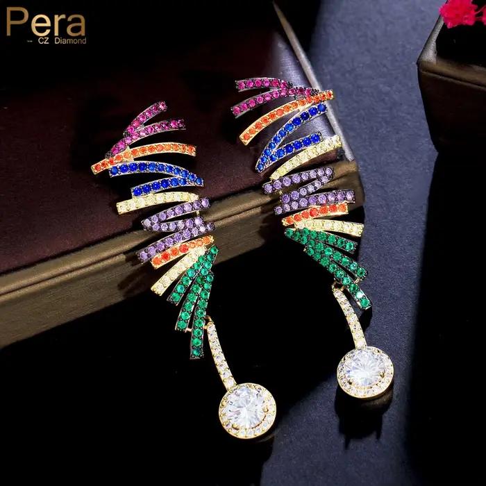 Boucles d'oreilles Pera CZ longues lignes ondulées multicolores CZ ovales pour femmes mode mariage dîner fête bijoux occassions spéciales