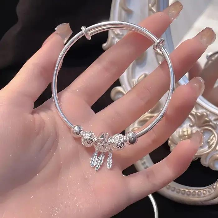 Bracelet en argent Sterling 925 attrape-rêves pompon plume perle ronde pour femmes occasions spéciales cadeau de mariage