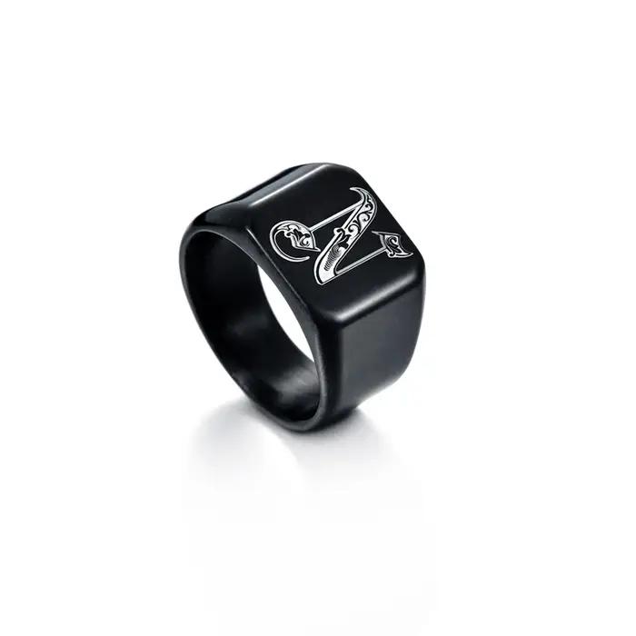 Bague mode 26 lettres anglaises avec doubles bords biseautés, bague en acier inoxydable pour hommes