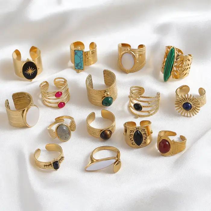Bagues rétro imperméables en acier inoxydable pour femmes, uniques, de haute qualité, style bohémien, pierre naturelle, larges, ouvertes, bijoux, cadeau de fête, 2025