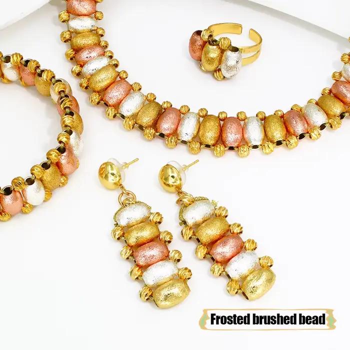 Ensemble de bijoux GZJPEI Boho pour femmes, trois couleurs, perles dorées, bijoux de mariée africains, collier, boucles d'oreilles, bracelet, bague, bijoux Dubaï Brésil