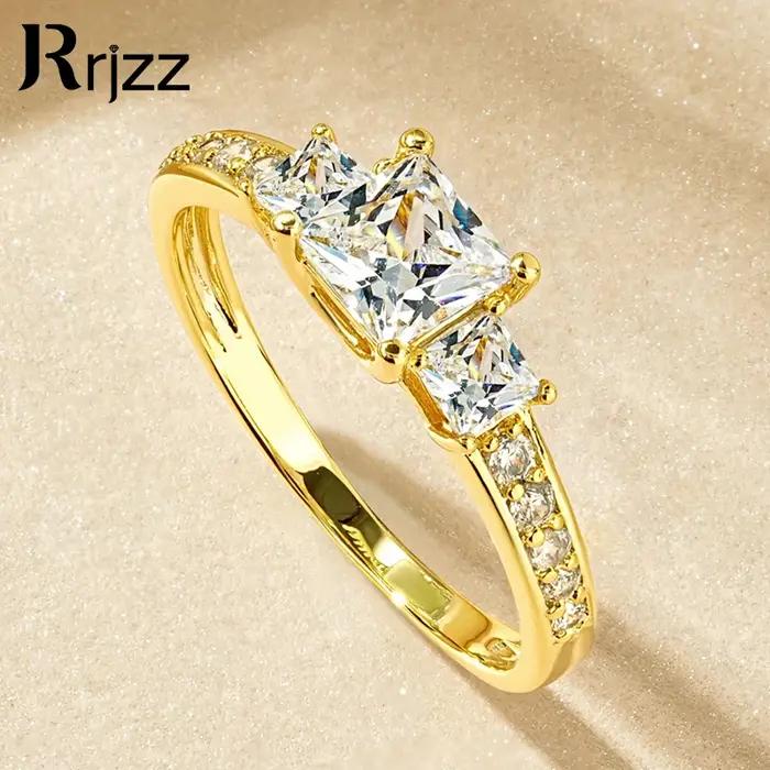 Rrjzz trois pierres princesse coupe CZ simulé diamant anneaux 14k plaqué or bague de fiançailles pour les femmes anniversaire bijoux cadeaux