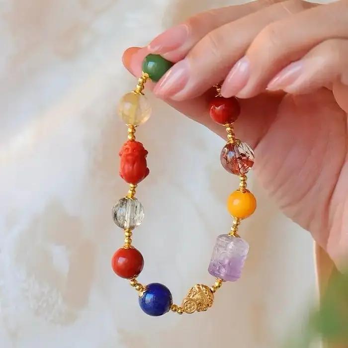 Duobao Bracelet naturel rouge du sud vert fantôme cheveux dorés cristal améthyste Lapis