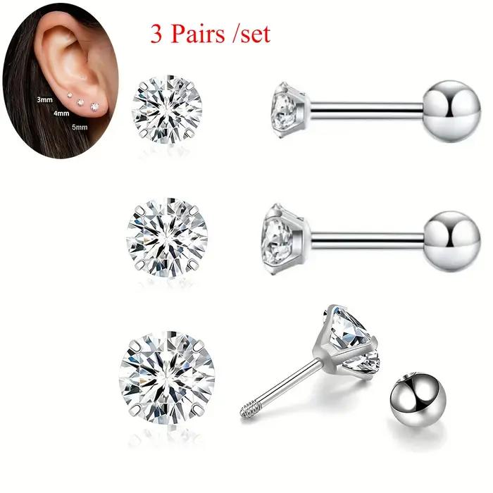 3 paires de boucles d'oreilles à tige en zircone cubique