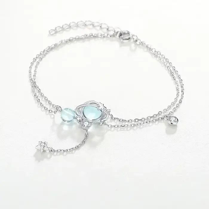 Double Bracelet en argent Sterling 925 de 19CM, aigue-marine incrustée de cristal, bijoux tendance f