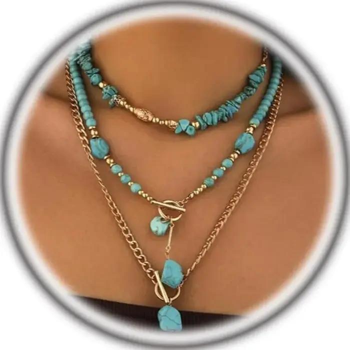 Colliers Chunky en Turquoise pour Femmes et Filles, Colliers Vintage Dorés Bohèmes Superposés, Brelo