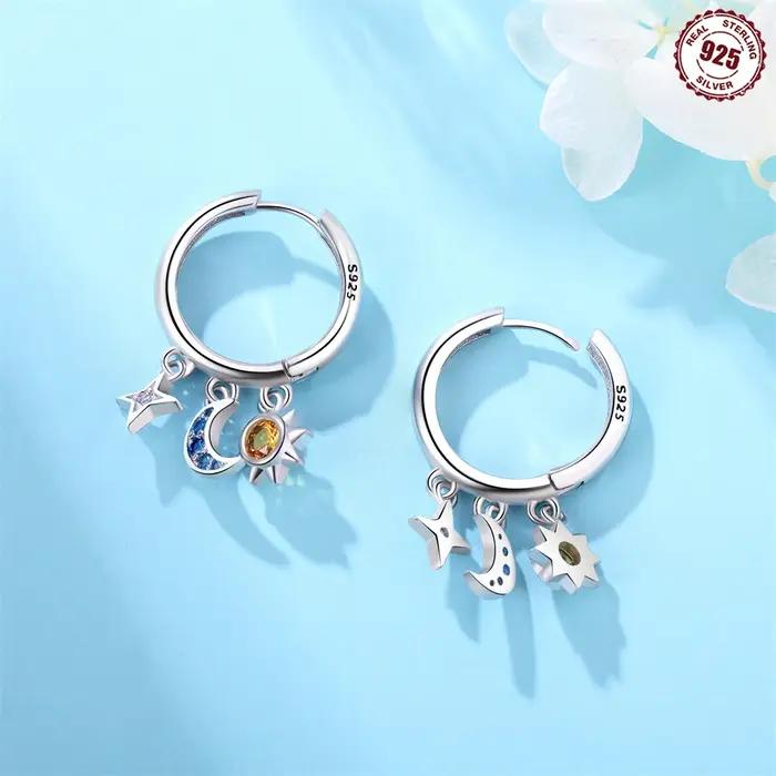 Boucles d'oreilles à pampilles de lune et de soleil en forme d'étoile en argent sterling 925