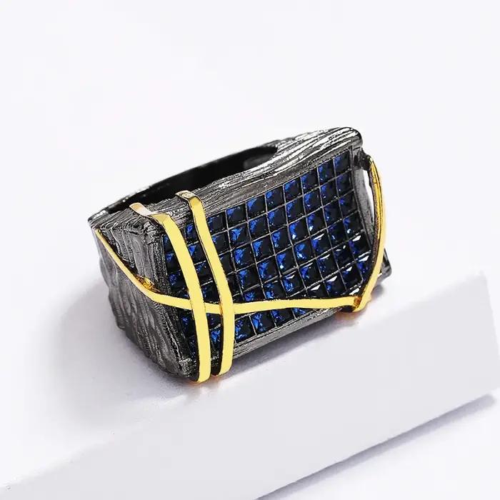 Ensemble de bijoux géométriques en or noir et bleu pour femmes, bague collier boucles d'oreilles pour occasions spéciales engagement