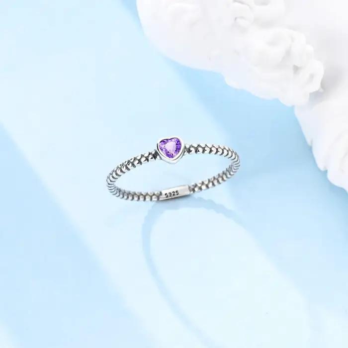 Bague en argent sterling 925 sertie de zirconium blanc élégante pour femmes et filles style vintage coeur violet occasions spéciales engagement