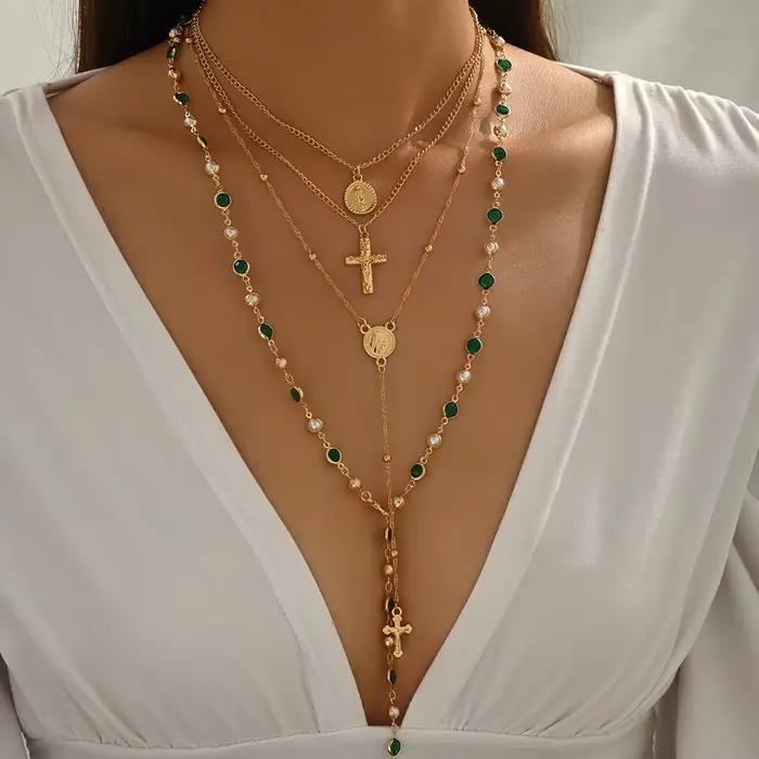 Collier vintage superposé en Y pour femme, imitation perle, croix, médaille Vierge Marie, strass, papillon, bijoux religieux multicolores