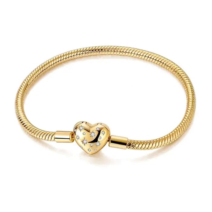 Bracelets en argent Sterling 925 dorés scintillants en forme de cœur adaptés aux breloques et perles pour femmes occasions spéciales