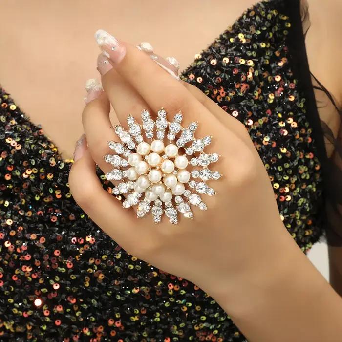 Zinsed-Bague de fiançailles plaquée or pour mariée, bijoux de mariage, matiques réglables, fleur magnifique exquise, perle de luxe